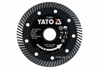 YATO Диск відрізний алмазний по гресу,кераміці "TURBO" YATO Ø=115x1.3x10x22.2мм,в мокрому і сухому р