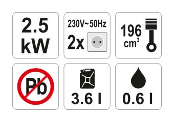 YATO Генератор струму бензиновий YATO: W= 2.5 кВт, U=230 В, бак- 3.6л (0.6л оливи) з блок.перенав.AV