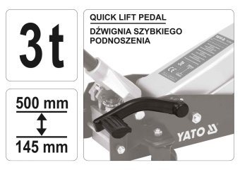 YATO Домкрат гідравлічний підкатний низькопрофільний з важелем швидкого підйому YATO: 3 т, H= 145- 5