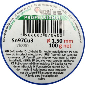 VOREL Припій для паяння міді CYNEL : Ø 1.5 мм, дротяний на котушці m= 100 г  | 76880