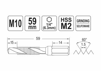 YATO Свердло-мітчик YATO М10 х 1.5 мм, HSS М2, HEX-1/4", l= 59/15 мм  | YT-44847
