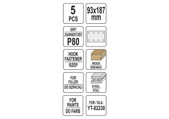 YATO Папір шліфувальний з липучкою YATO: 93 х 187 мм, Р80, до YT-82230, 5 шт  | YT-83802