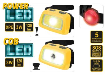 Ліхтар на чоло VOREL XPE CREE+COB LED світлодіодний 3+3 Вт;130+120 lm,5 реж.живл.- 3 ААА батарей(DW)