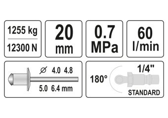 YATO Пневмозаклепочник YATO для нітів Ø= 4,0; 4,8; 5,0; 6,4 мм, 60 л/хв  | YT-36177