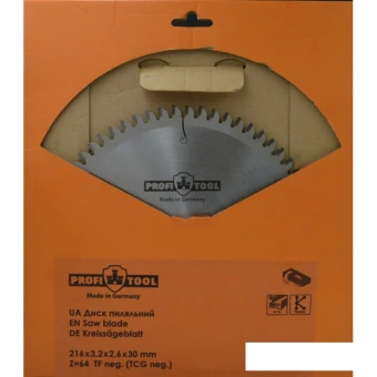 Диск пильный по алюминию 216х3.2х2.6х30 мм, Z=64, форма зуба TFneg, поперечный рез PROFITOOL
