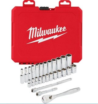 MILWAUKEE Набір головок торцевих хромованих 1/4'', з тріскачкою та 2 подовжувачами, (28шт), пластико