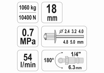 YATO Пневмозаклепочник YATO для нітів Ø= 2,4; 3,2; 4,0; 4,8; 5,0 мм, 54 л/хв  | YT-36171
