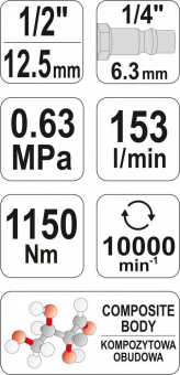 YATO Гайковерт ударний пневматичний YATO : квадрат 1/2", F=1150 Nm  | YT-09540