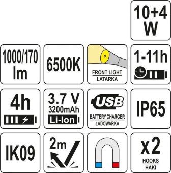 YATO Світильник переносний світлодіодний YATO акумулят. 3,7V, 2 режими-10/4 Вт, 170/1000Lm, заряд US