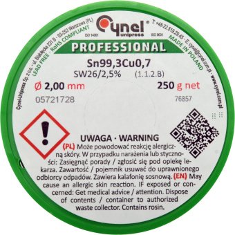 Припій без свинцю CYNEL : Ø2 мм, Sn99,3-Cu0,7 дротяний на коташці з флюсом m= 250 г [20]