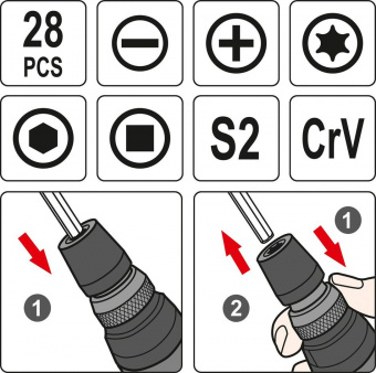 YATO Викрутка реверсивна з набором біт YATO : HEX-1/4", CrV, 28 шт + чохол  | YT-27940