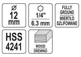 YATO Свердло по дереву YATO : Ø12 x 100/60 мм, хвостовик- HEX 1/4", HSS 4241  | YT-33867