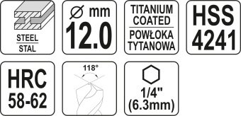 YATO Свердло фрезерувальне по металу YATO : HSS-TIN, Ø= 12 мм, l= 115 мм, HEX - 1/4"  | YT-44830