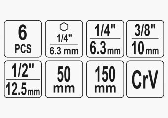YATO Тримачі-адаптери торцевих головок YATO: квадрат-1/4",3/8",1/2", L=50 і 150мм, HEX-1/4" Cr-V. 6ш