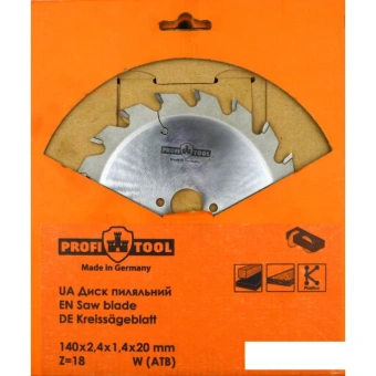 Диск пильный по дереву 140х2.4х1.4х20 мм, Z=18, форма зуба W (ATB), продольный рез PROFITOOL