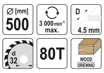YATO Диск пиляльний по дереву YATO: 500x32x4.5 мм, 80 зубців, R.P.M до 3000 1/хв  | YT-60872
