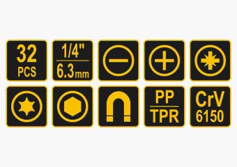 VOREL Набір викруток і викруткових насадок : Cr-V, 32 шт у футлярі  | 60785