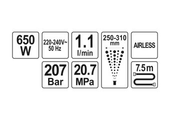 YATO Малярна станція гідродинамічна мережева 230В YATO, 650 Вт, витрата- 1,1 л/хв, шланг-7,5м  | YT-