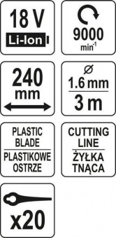 YATO Тример акумуляторний (без акум) YATO: Li-Ion 18В, шир покосу- 24 см, жилка Ø=1.6мм і пласт. нож