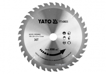 YATO Диск пиляльний победітовий по дереву YATO: 190x20x2.2x1.5 мм, 36 зубців, R.P.M до 8500 1/хв  | 