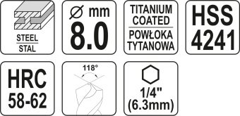 YATO Свердло фрезерувальне по металу YATO : HSS-TIN, Ø= 8 мм, l= 99 мм, HEX - 1/4"  | YT-44826