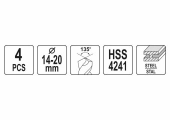 YATO Набір свердл по металу YATO: HSS 4241, Ø14-20мм, L=75/150мм, до нержав. і конструкц. сталі, 4 ш