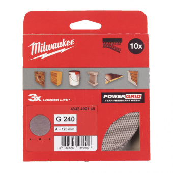 MILWAUKEE Сітка шліфувальна PG Mesh HL, Ø125мм, зерно 240, (10шт) | 4932492188