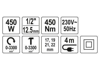 YATO Гайковерт ударний мережевий YATO: 1/4" HEX x1/2" F, 450Вт, 450Нм, 3300 об/хв + 4 головки і кейс