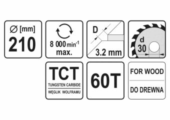YATO Диск пиляльний победітовий по дереву YATO: 210х30x3.2x2.2 мм, 60 зубців, R.P.M. до 8000 1/хв  |