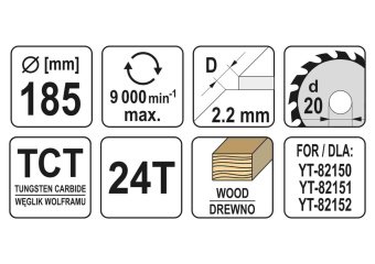 YATO Диск пиляльний победітовий по дереву YATO: 185x20x2.2x1.5 мм, 24 зубці, R.P.M до 9500 1/хв  | Y