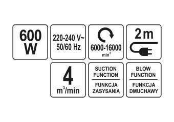 YATO Порохотяг мережевий YATO: 600Вт, 16000 об/хв, продуктивність- 4 м³/хв, кабель l= 2 м + 2 насадк