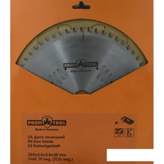 Диск пильный по алюминию 250х3.4х2.8х30 мм, Z=60, форма зуба TFneg, поперечный рез PROFITOOL