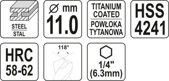 YATO Свердло фрезерувальне по металу YATO : HSS-TIN, Ø= 11 мм, l= 110 мм, HEX - 1/4"  | YT-44829