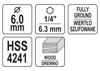 YATO Свердло по дереву YATO : Ø6 x 90/55 мм, хвостовик- HEX 1/4", HSS 4241  | YT-33863