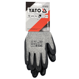 YATO Рукавиці робочі захисні від порізів (HPPE) YATO покриті чорним поліуретаном, розмір 10  | YT-74