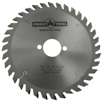 Диск пиляльний 165х2,6х1,6х30 мм, Z=36, форма зубця W (ATB), нахил зубця 15° PROFITOOL 2116502 