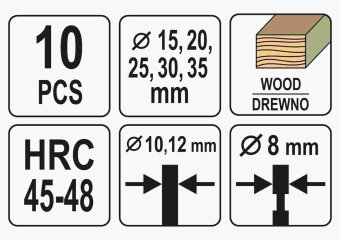 YATO Свердла по дереву: коронки і фрези YATO : Ø=15-35 мм, l=110/90 мм- коронки/фрези, 10 шт  | YT-3