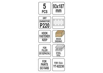 YATO Папір шліфувальний з липучкою YATO: 93 х 187 мм, Р220, до YT-82230, 5 шт  | YT-83807