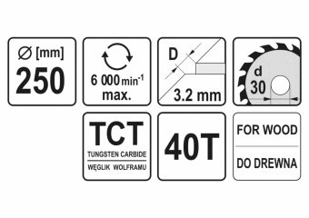 YATO Диск пиляльний победітовий по дереву YATO: 250х30х3.2х2.2 мм, 40 зубців, R.P.M до 6000 1/хв  | 