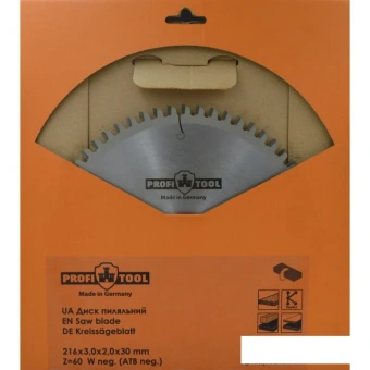 Диск пильный по дереву 216х3.0х2.0х30 мм, Z=60, форма зуба Wneg (ATBneg), поперечный рез PROFITOOL