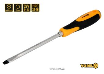 VOREL Викрутка плоска ударна з 6-гранним стержнем : SL8 х 150 мм, HRC 38-46, Cr-V  | 62166
