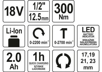YATO Гайковерт ударний акумуляторний YATO : квадрат 1/2", 300 Нм, Li-Ion 18В, 2 АГод. +4 головки  | 