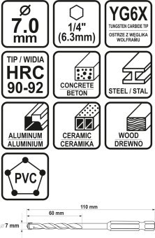 STHOR Свердло універсальне : YG6X, з 6-гран. хвостовиком-1/4", Ø= 7 мм, l= 110/60 мм  | 21688