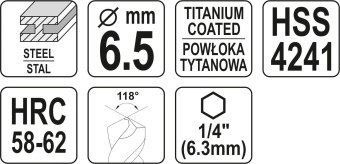 YATO Свердло фрезерувальне по металу YATO : HSS-TIN, Ø= 6.5 мм, l= 89 мм, HEX - 1/4"  | YT-44824