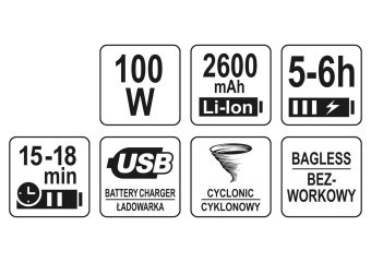 STHOR Порохотяг автомобільний акумул. : Li-Ion 11 В 2.6 Агод, 100 Вт, фільтр HEPA +насадки +сумка  |