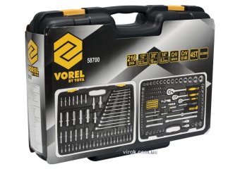 Набір головок торцевих, насадок VOREL квадр 1/4", 3/8", 1/2", з гайко ключами і інструментами 216 Од