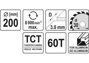 YATO Диск пиляльний по алюмінію YATO, 200х30х3.0х2.2 мм, 60 зубців, R.P.M до 8000 1/хв  | YT-6091