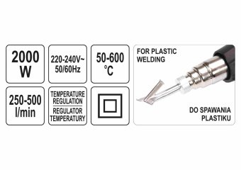 YATO Фен технічний мережевий YATO : 2 кВт, 50-600°C, 250-500 л/хв, 7 режимів температури + 5 насадки