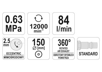 YATO Шліфмашина пневматична YATO ексцентрикова з диском Ø=150 мм, 0.63 MPa, спожив. повітря- 84 л/хв