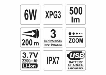 YATO Ліхтар світлодіодний (XPG3 CREE) YATO, акумулят. Li-Ion- 2.2A, Р=6 Вт, Ф=500 lm. Ø=28ммx120мм  